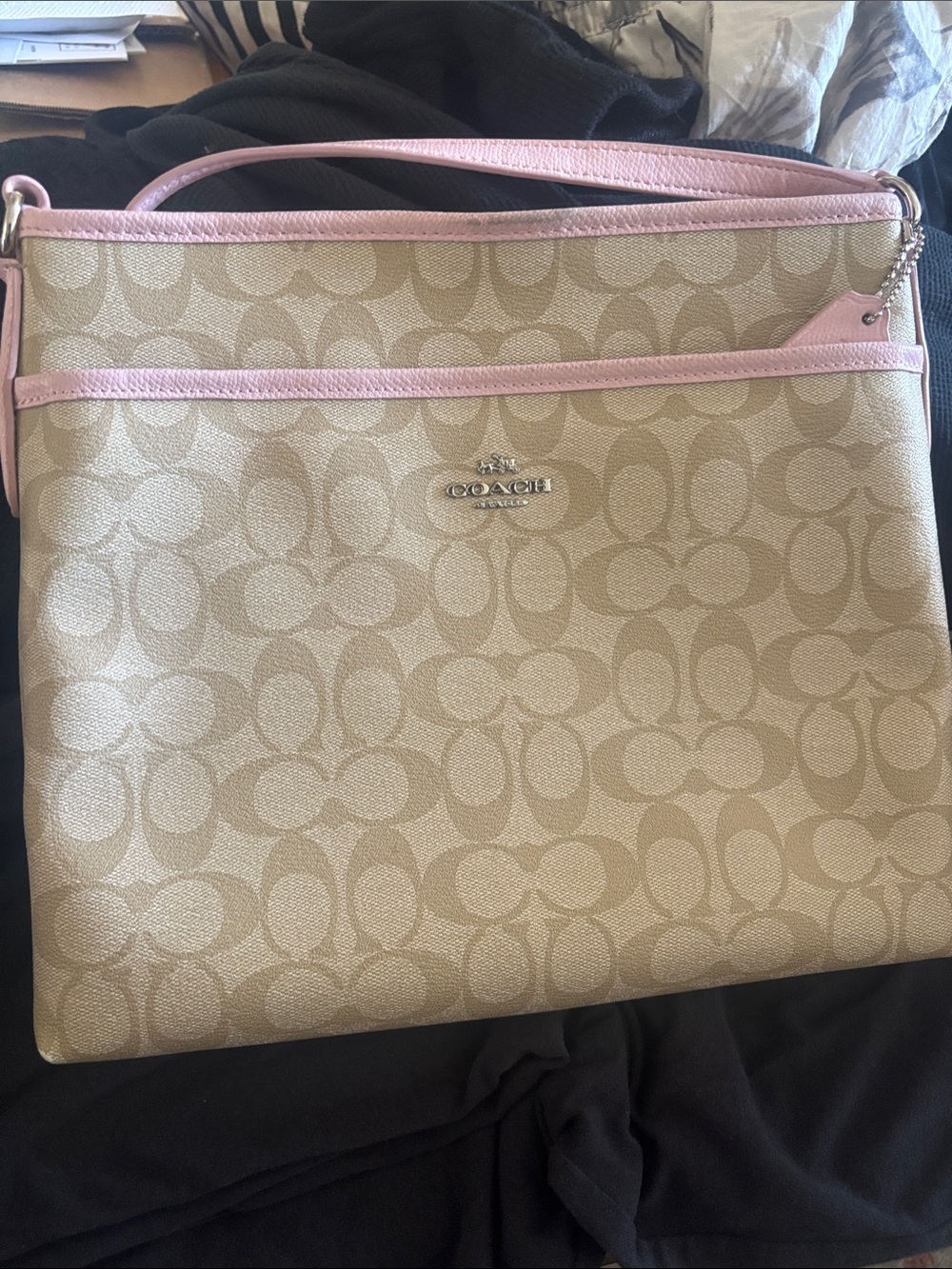 Coach Beige Signature Crossbody with Purple/Pink Trim